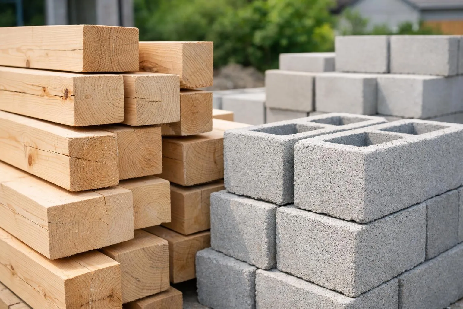 Matériaux de construction empilés - bois et blocs de béton.