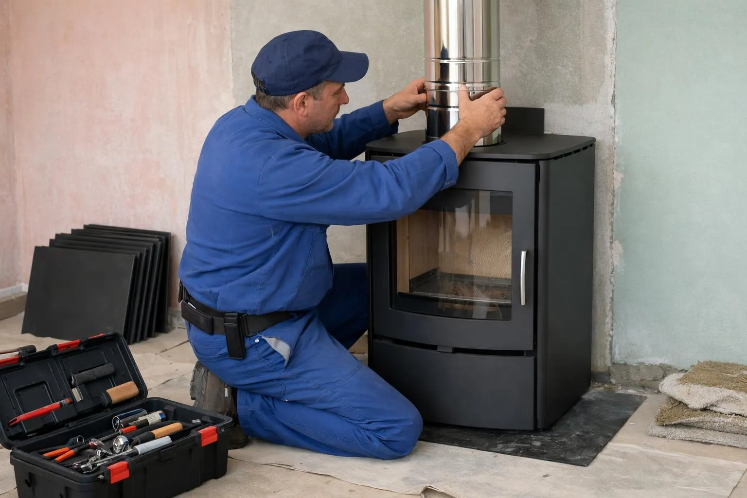 Un technicien en uniforme bleu installant un poêle à bois dans une pièce.