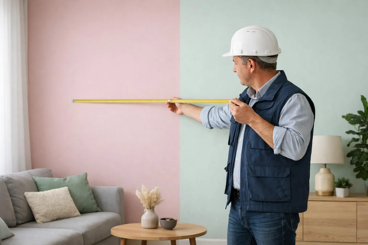 Homme en tenue de travail mesurant une pièce pour une rénovation.