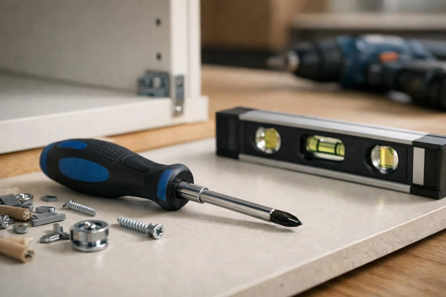 Screwdriver, level, and other construction tools on a wooden surface.