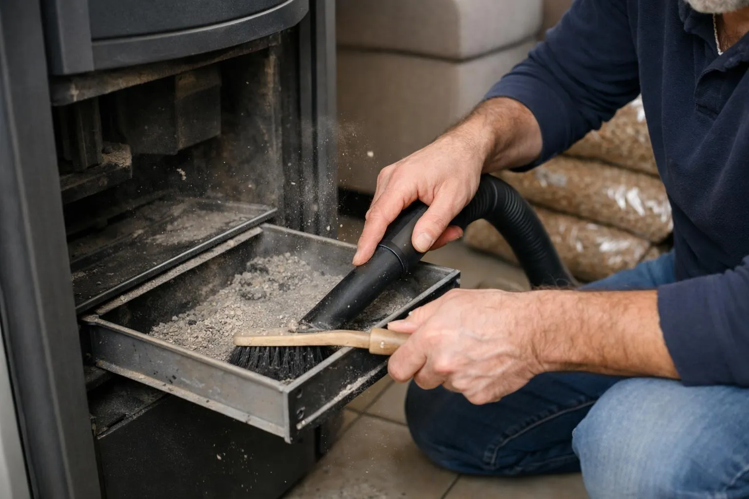 Close-up of homeowner cleaning ash drawer from pellet stove with maintenance tools visible, dust particles in air, residential living room setting with pellet bags stored against wall