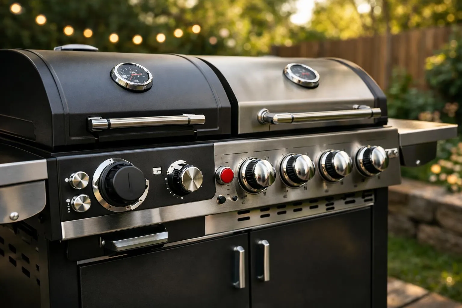 Outdoor gas grill with multiple knobs and temperature gauges.