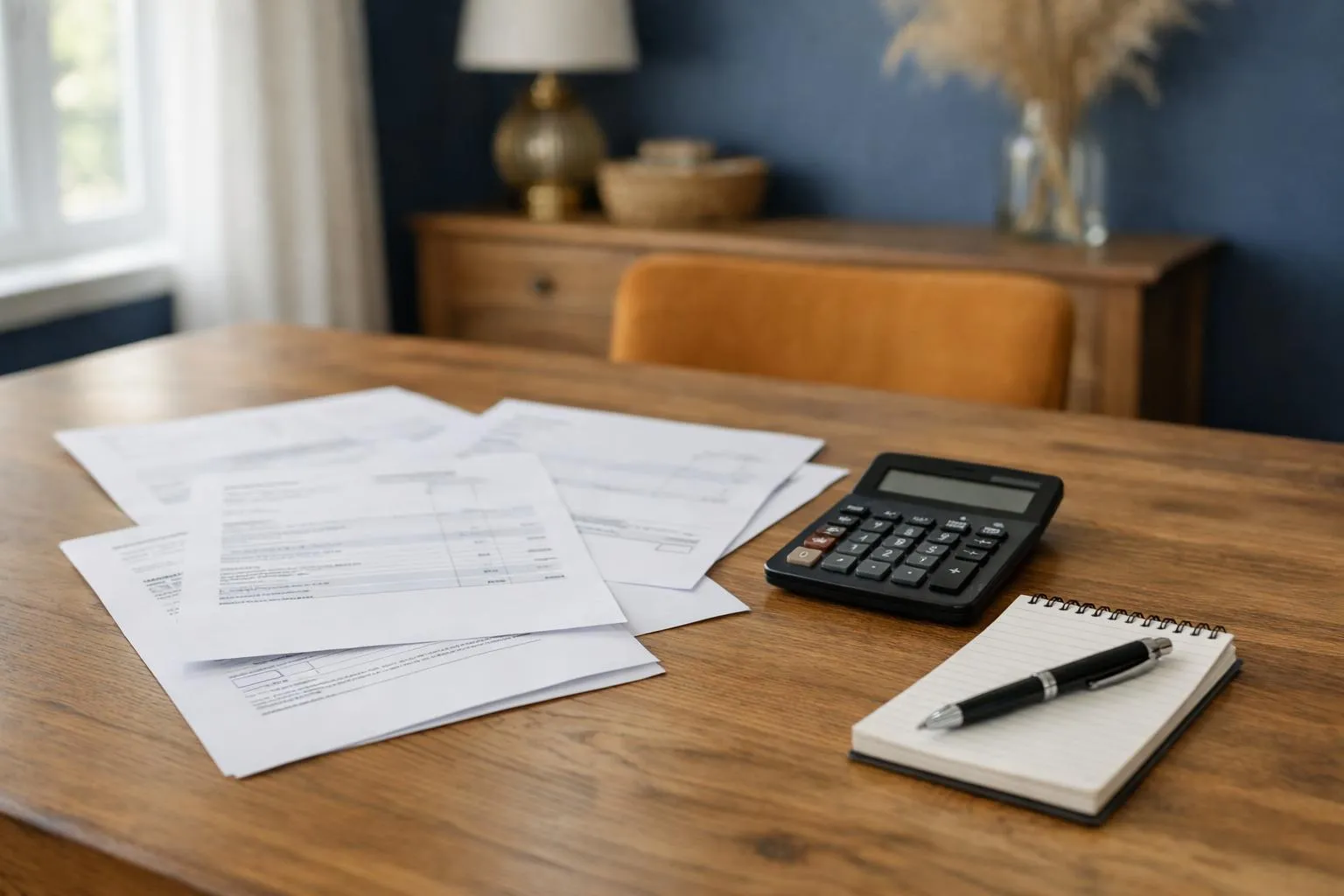 Homeowner sitting at dining table comparing three detailed painter quotes side by side, with calculator, notepad, and pen visible, natural daylight through window, realistic home interior setting, modern French decor style