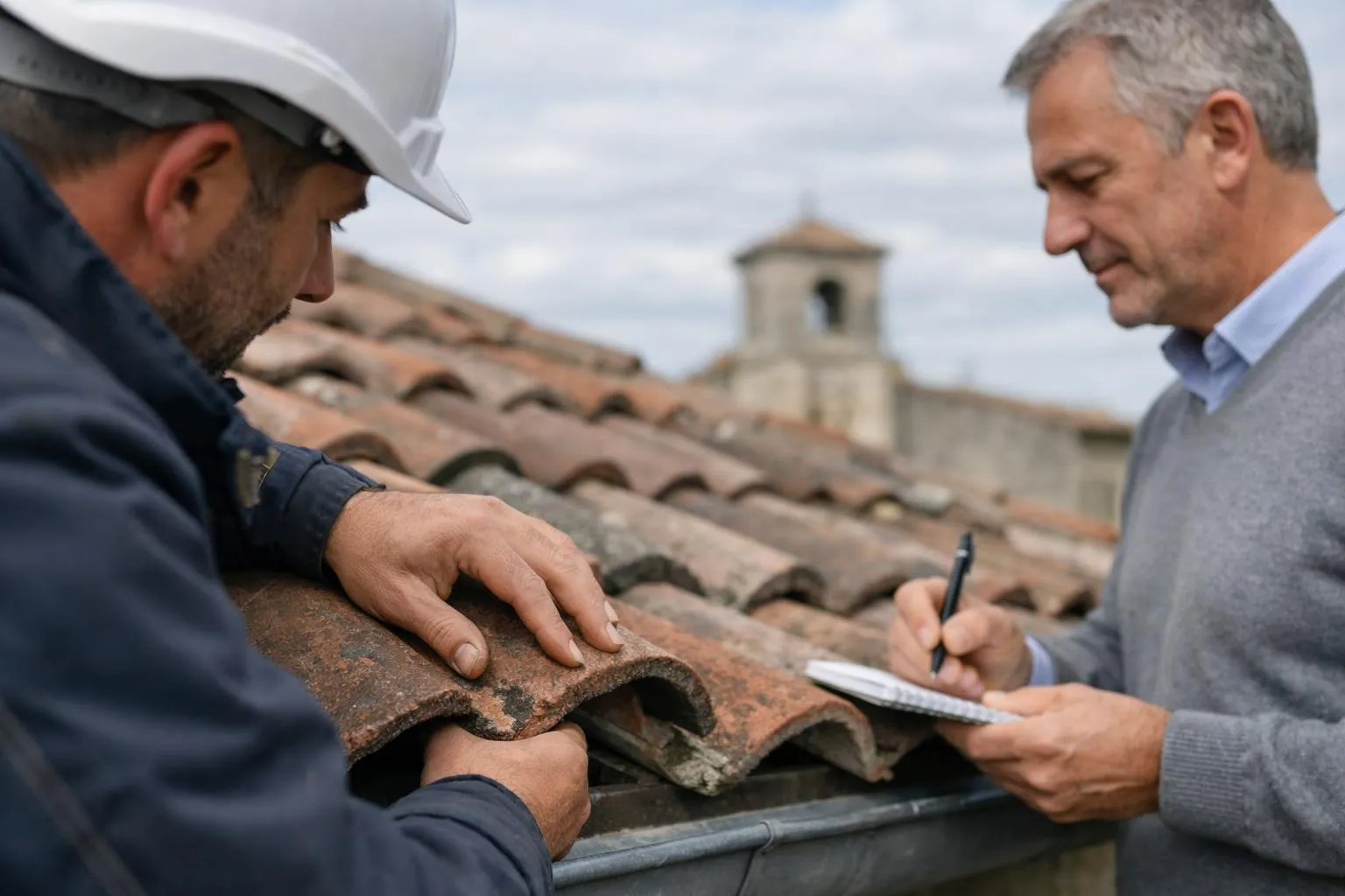 Couvreur professionnel équipé d'un casque examinant attentivement une toiture en tuiles avec un propriétaire debout à côté, carnet et stylo en main, échange professionnel sur le chantier sous ciel bordelais, contexte diagnostic technique et consultation