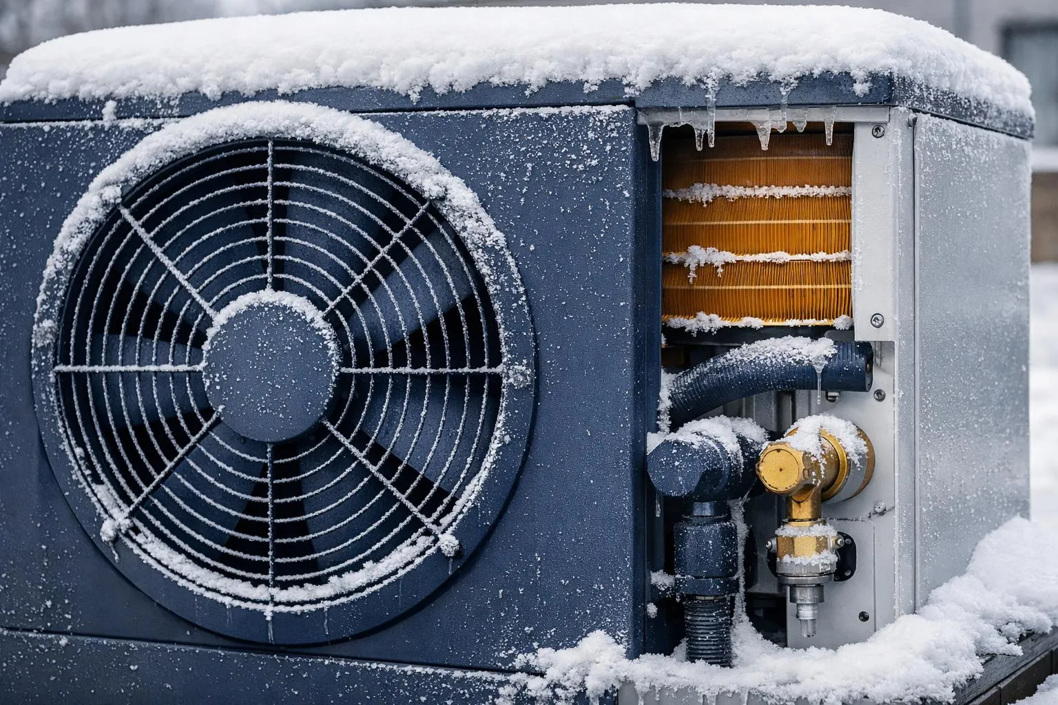 Unité extérieure de climatisation recouverte de neige.