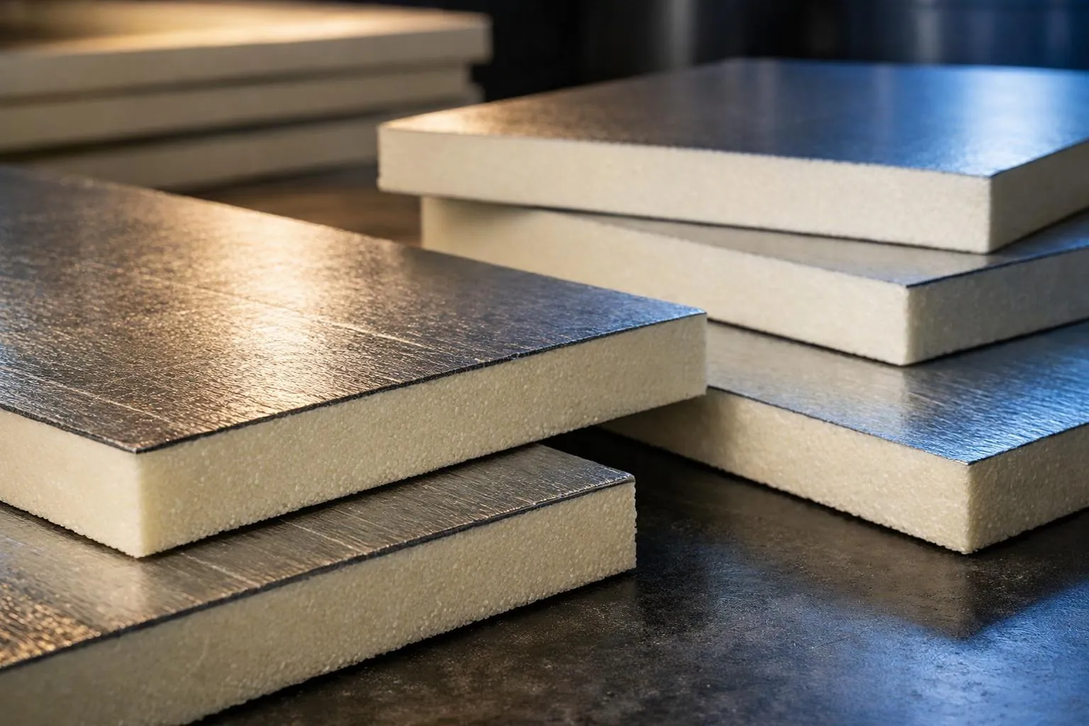 Piles de panneaux de construction en métal et en bois.