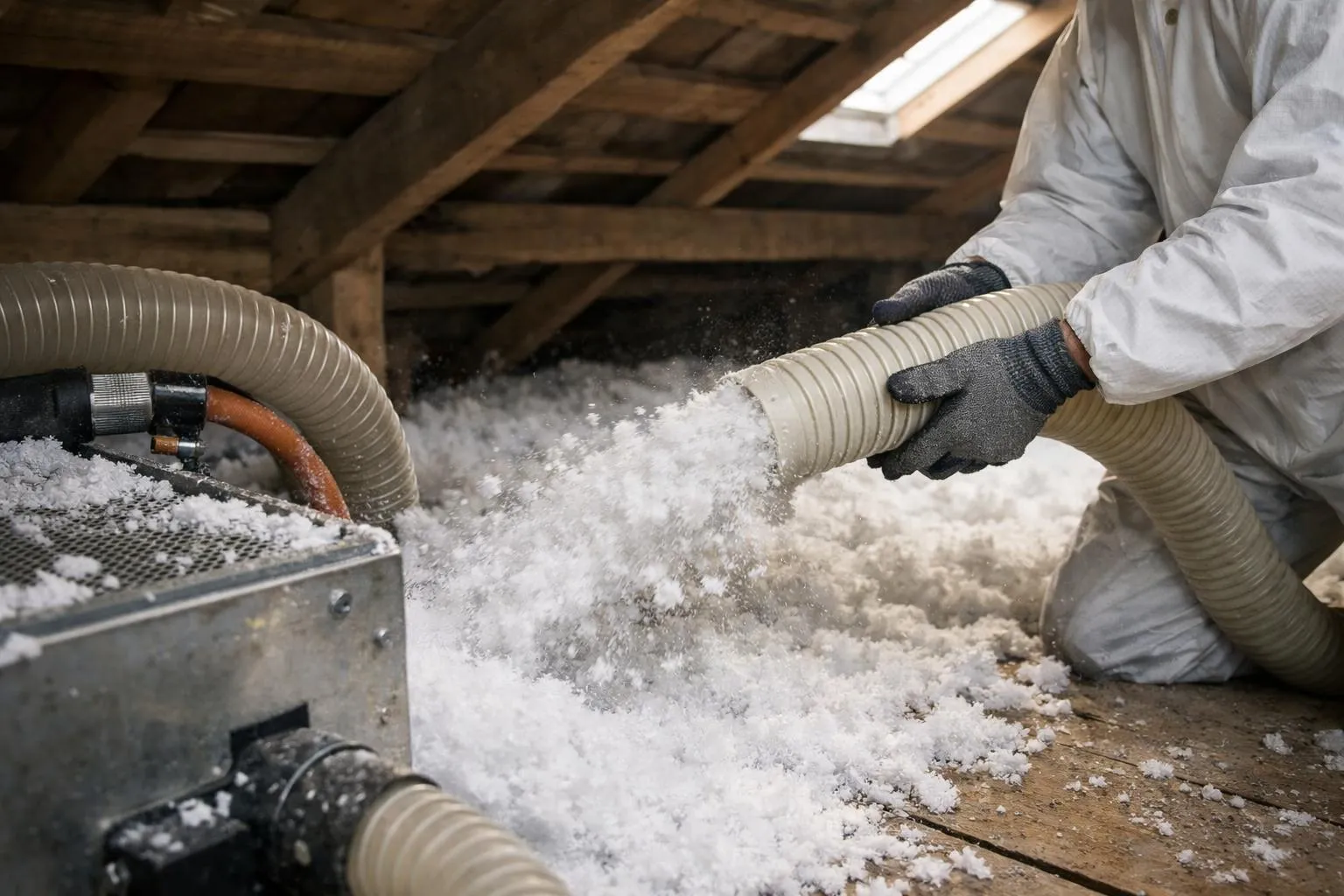 Personne en combinaison de protection aspirant de la poussière dans un grenier.