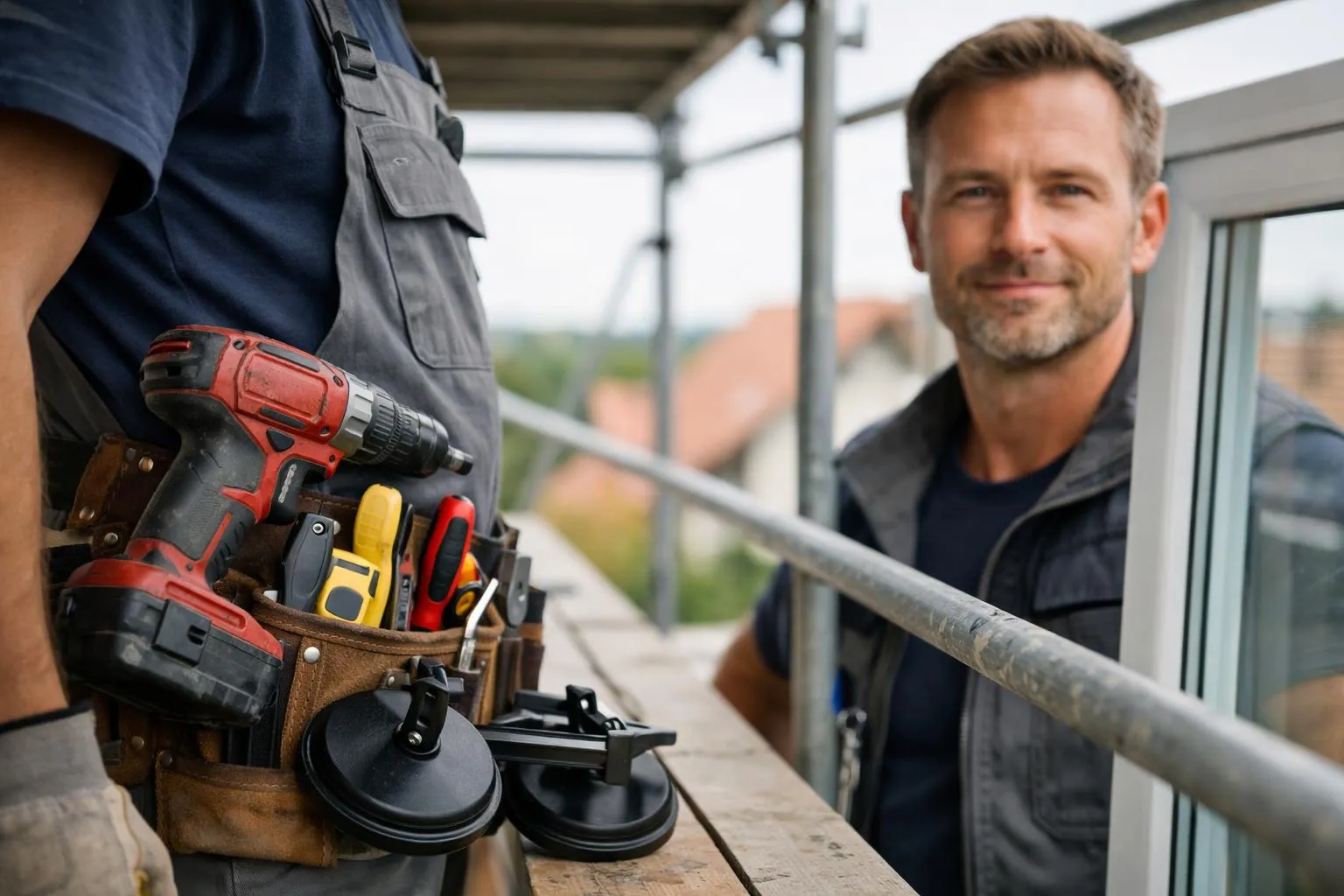 Homme barbu en tenue de travail avec ceinture à outils sur un chantier.