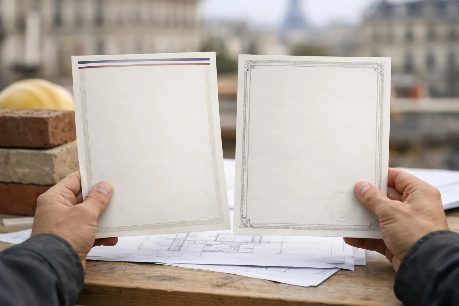 Cadres vides tenus par des mains sur un plan architectural.