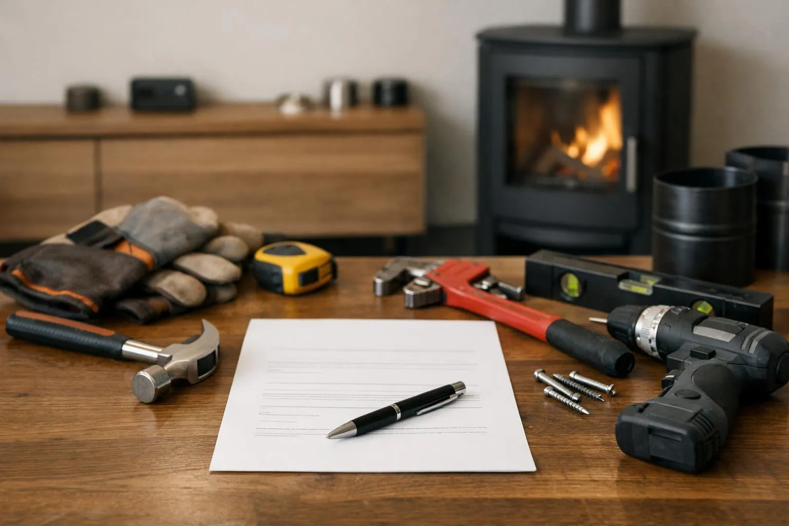Outils de bricolage et de construction sur une table en bois avec cheminée.