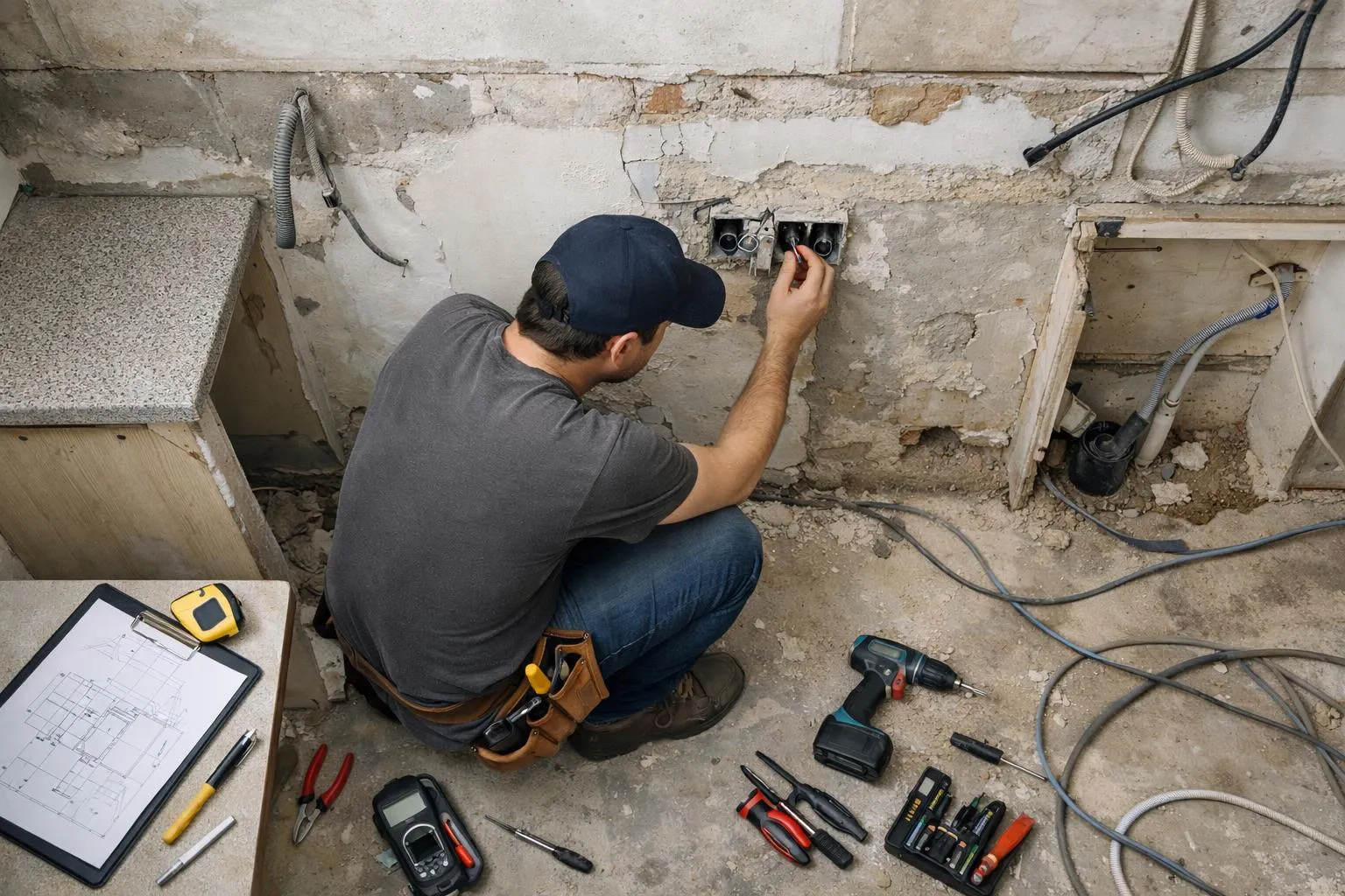 Un artisan en train d'inspecter les murs et les raccordements électriques derrière une ancienne cuisine démontée, avec des outils et des plans visibles, dans une pièce en cours de rénovation avec des câbles apparents et des traces de travaux préparatoires