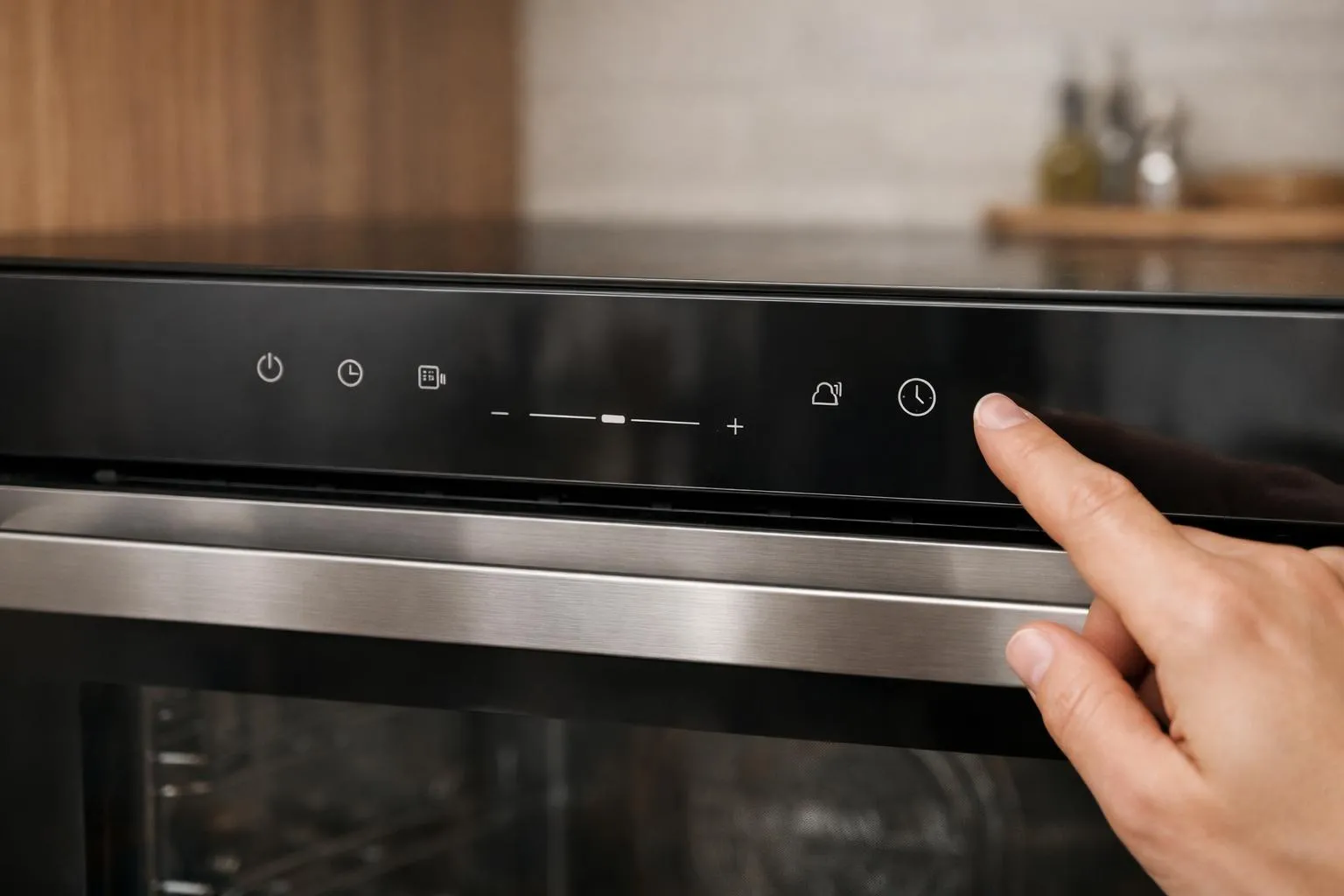 Oven control panel with various buttons and indicators.