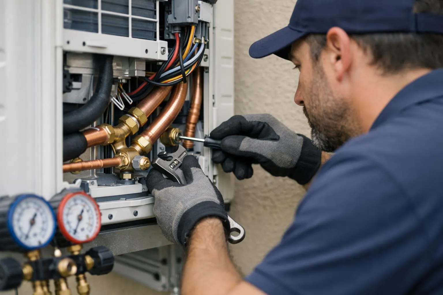 Professional HVAC installer working on outdoor air conditioner unit mounted on exterior wall, with visible tools, copper pipes, and electrical connections during installation process