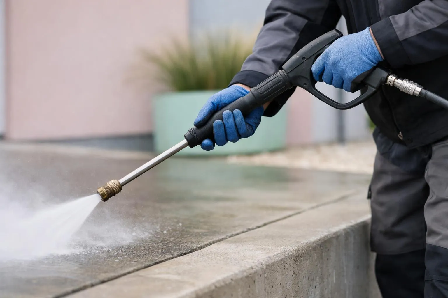 Gloved hands using pressure washer to clean concrete surface.