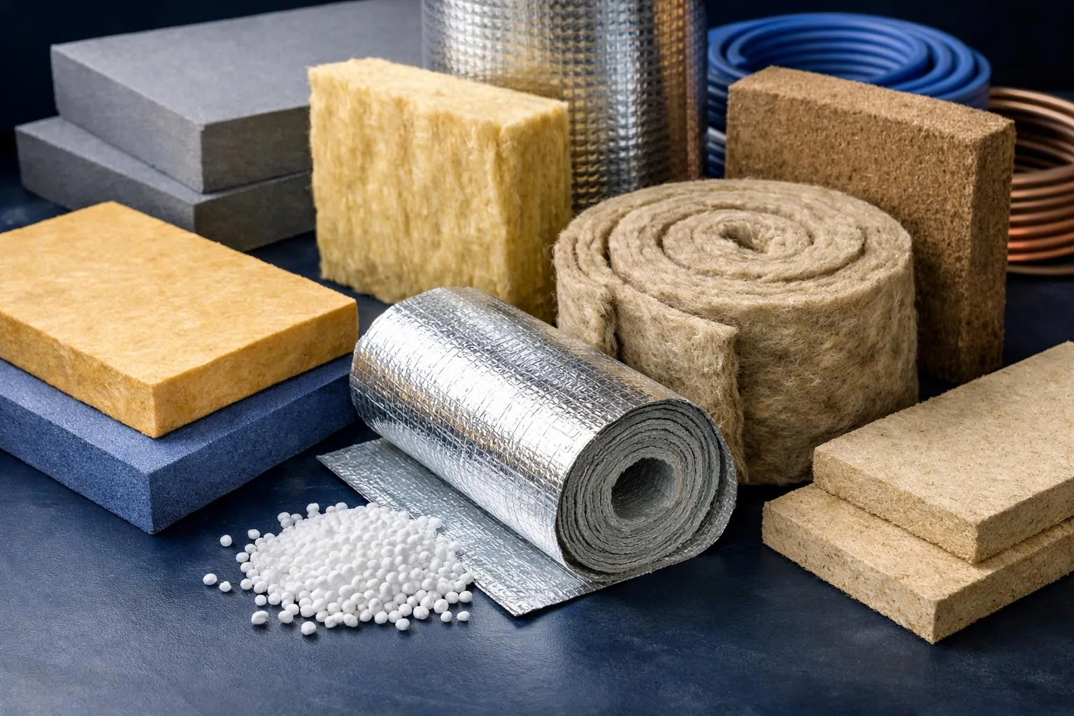 Various building materials, including insulation, metal sheets, and foam blocks.