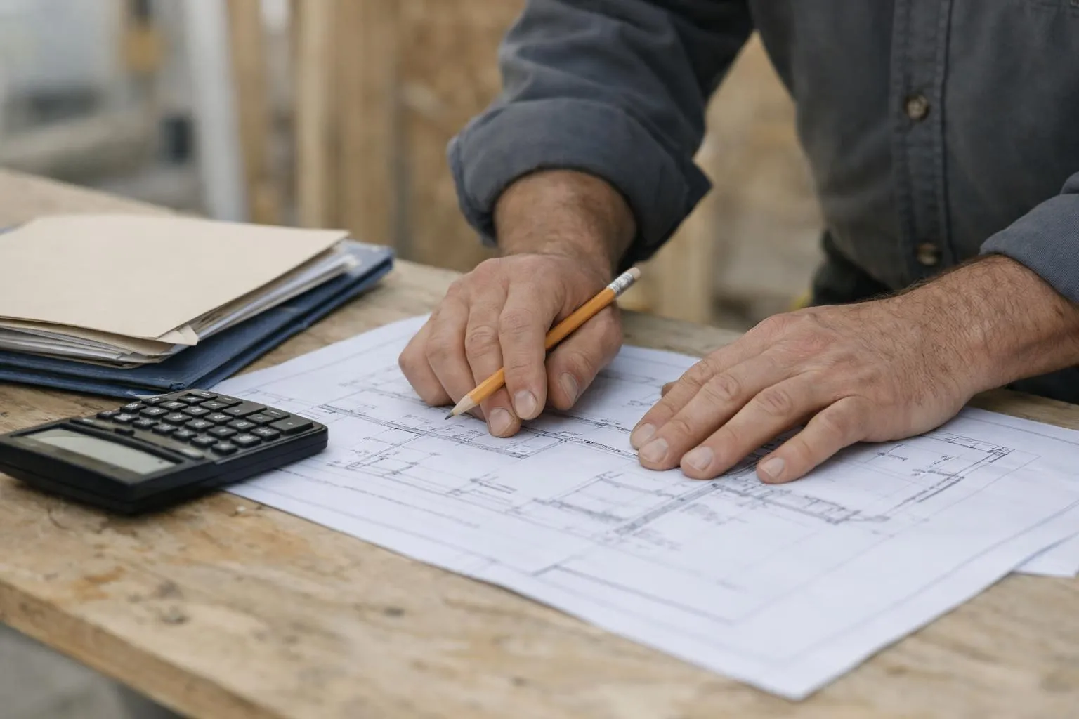 Mains d'un homme travaillant sur des plans architecturaux avec un crayon et une calculatrice.