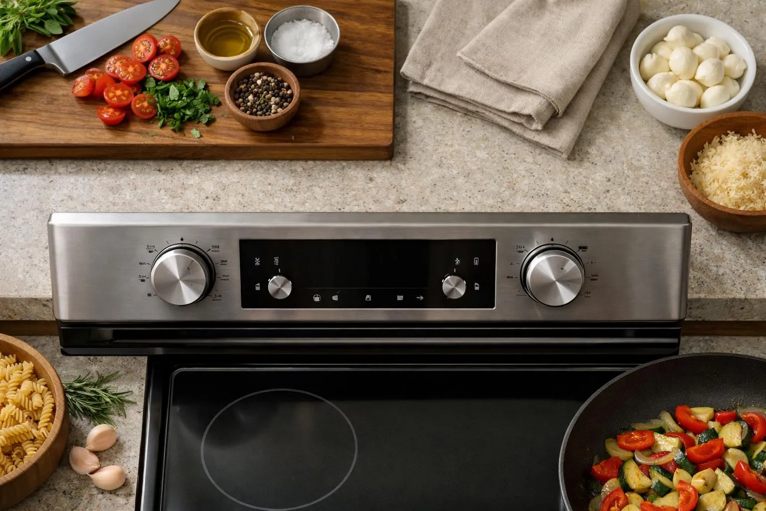 Stainless steel oven, cooking ingredients, and kitchen towels on counter.