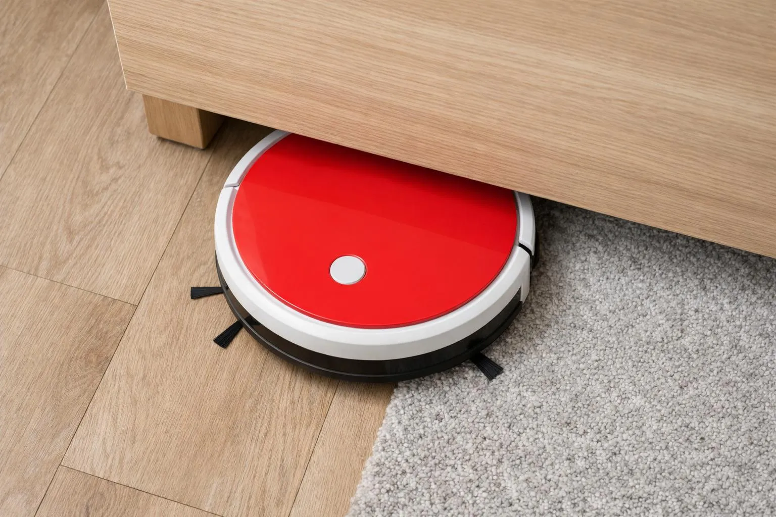 Robotic vacuum cleaner with red top under wooden furniture.