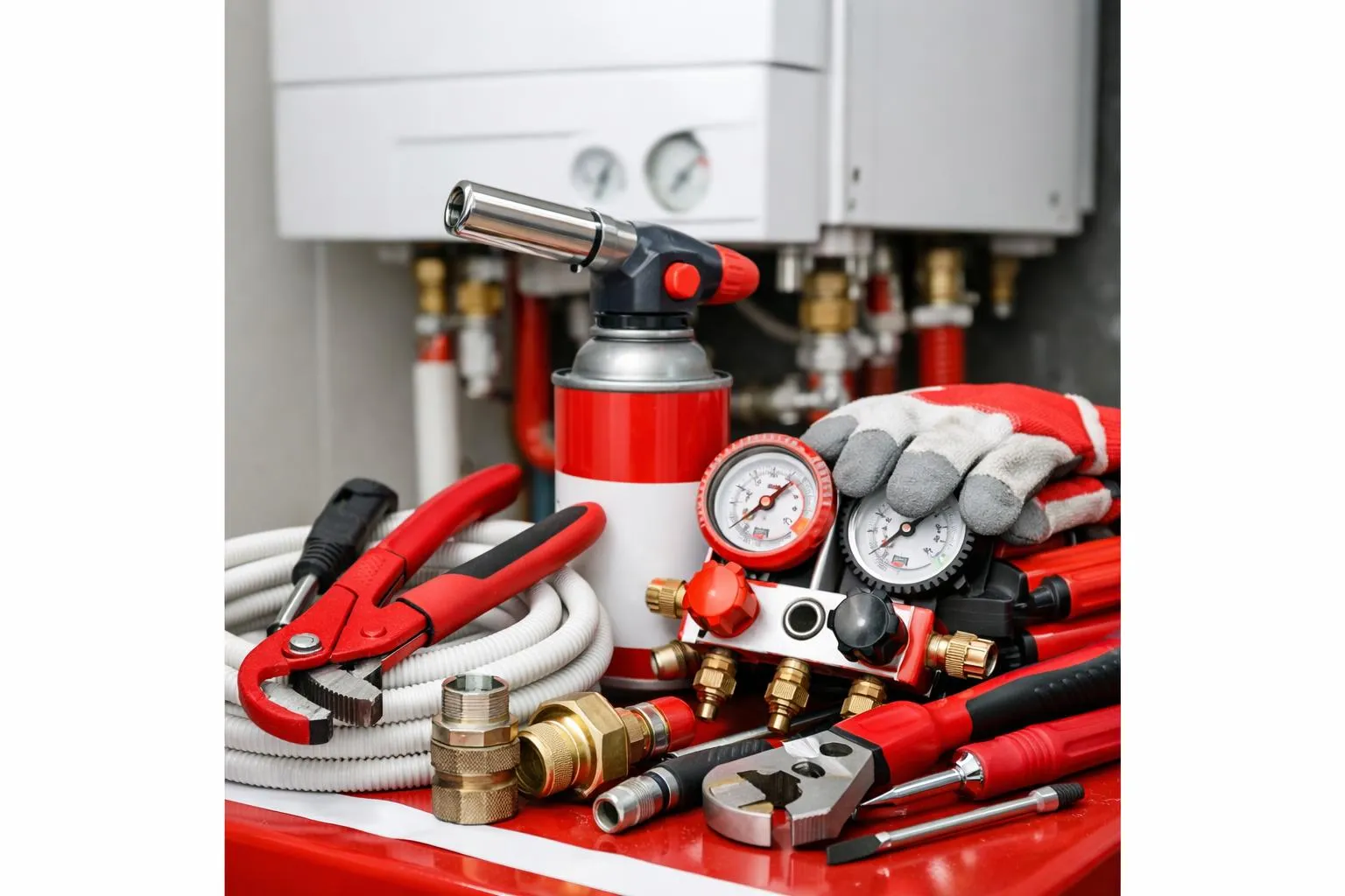 Assortment of red plumbing tools and equipment on a surface.