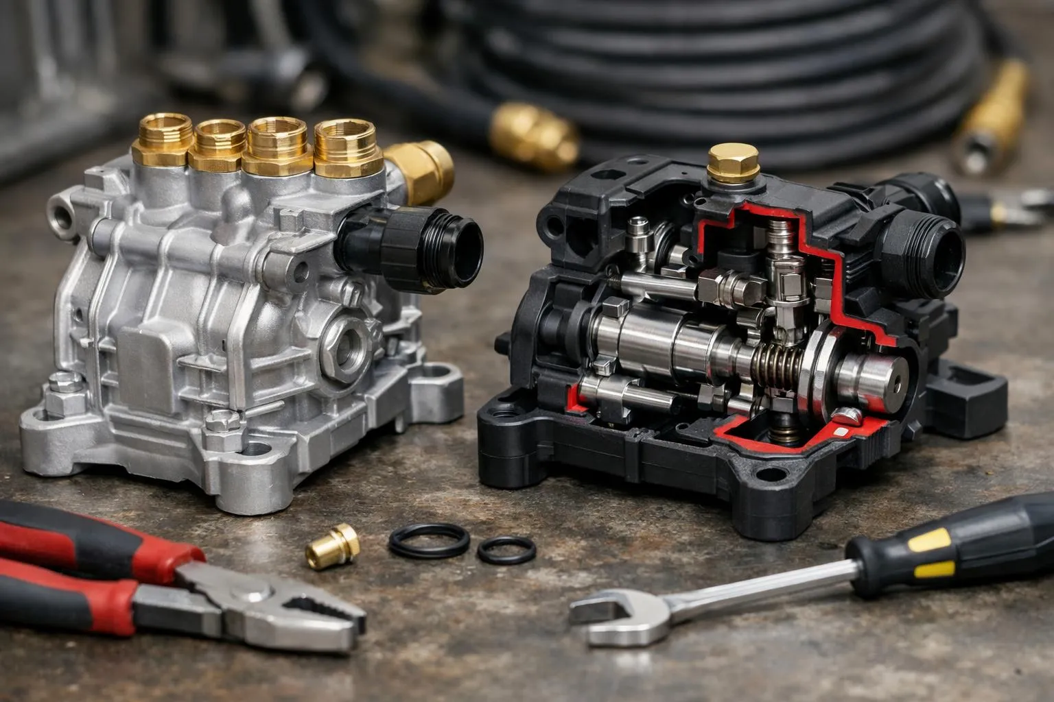 Pièces mécaniques de moteur automobile, outils de réparation.