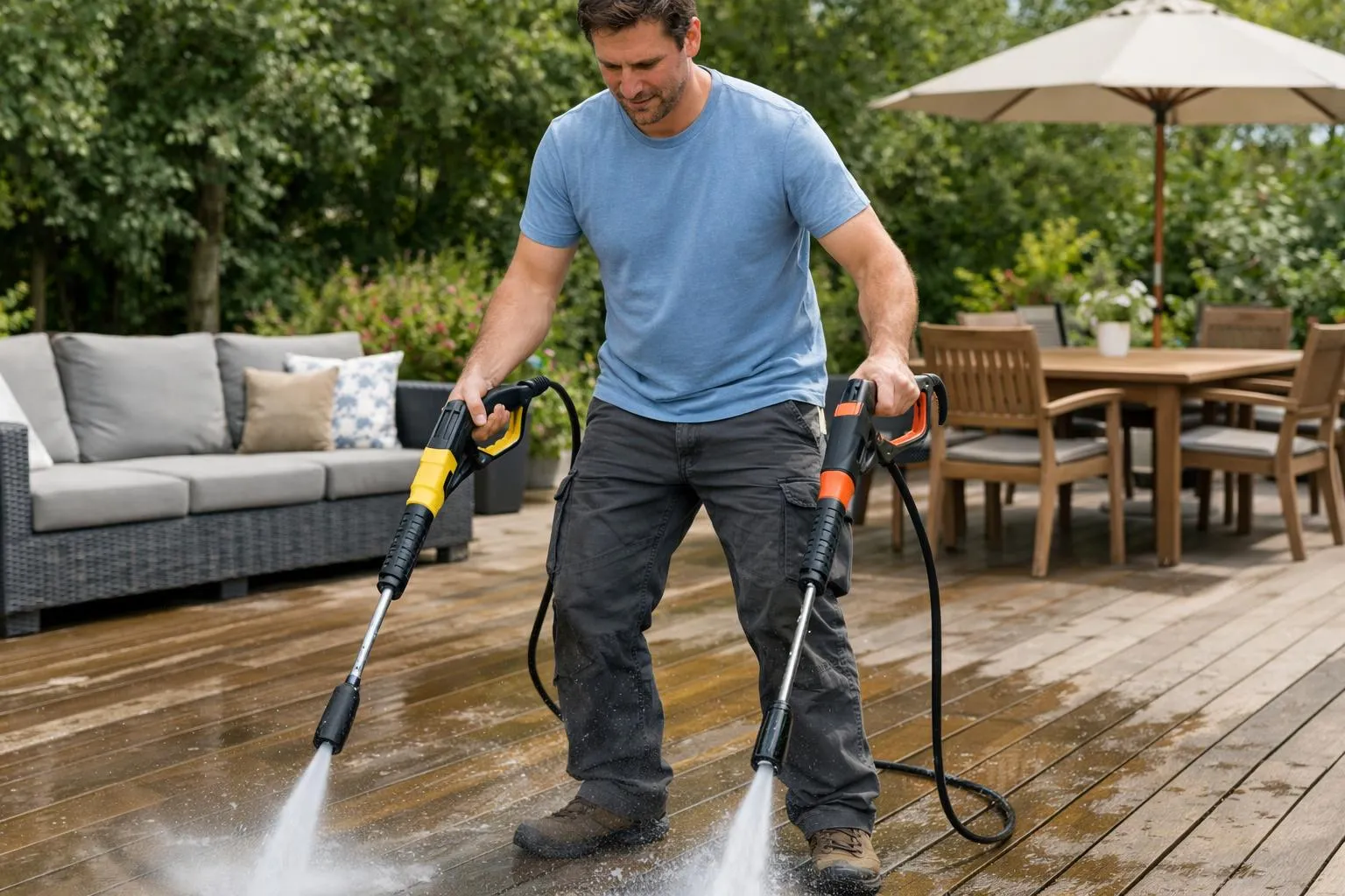 Homme nettoyant une terrasse en bois avec un nettoyeur haute pression.