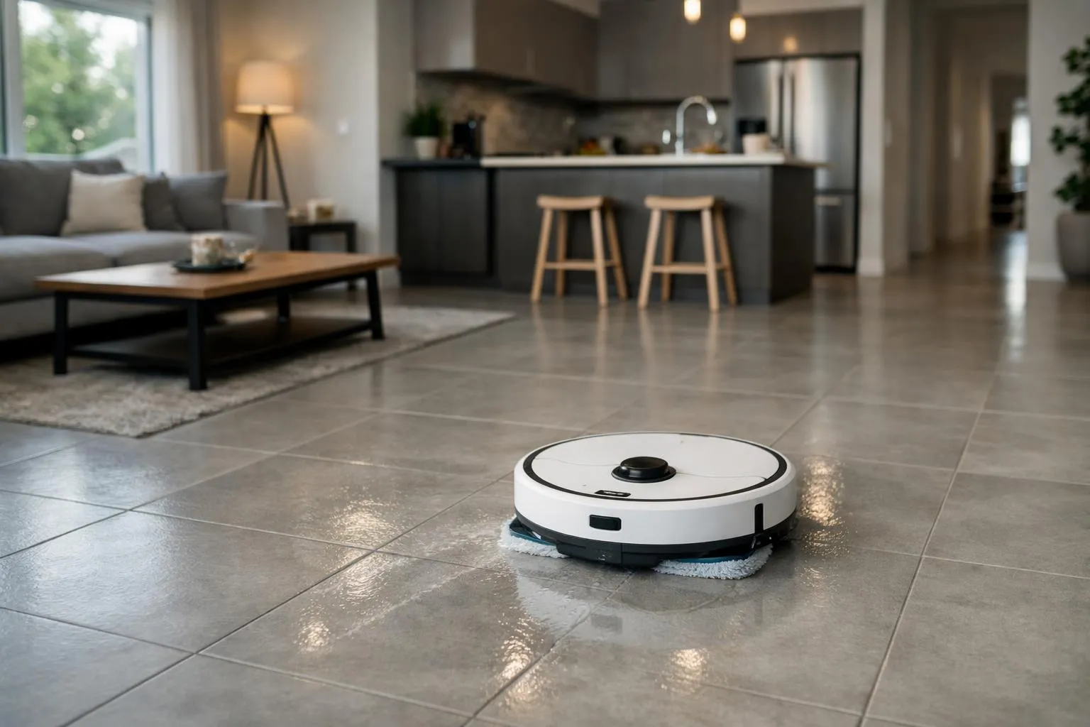 Robotic vacuum cleaner on tiled floor in modern kitchen.