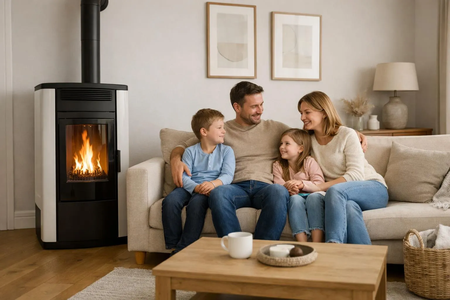 Modern French living room with family of three sitting on beige sofa near contemporary pellet stove, soft warm lighting from stove creating cozy atmosphere, visible flames through glass door, wood floor, neutral decor, realistic photo style showing comfort and practical heating solution