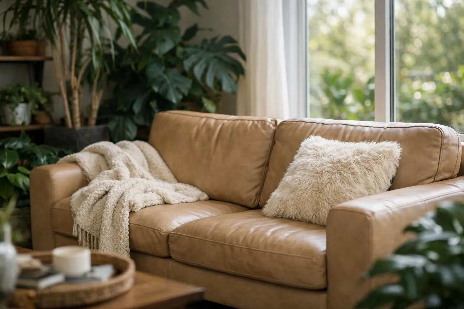 Idée déco salon cocooning avec canapé en cuir et plantes vertes pour un espace chaleureux et élégant.