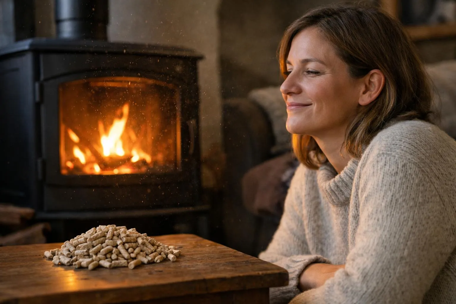Femme près d'un poêle à bois avec granulés, économie d'énergie chauffage