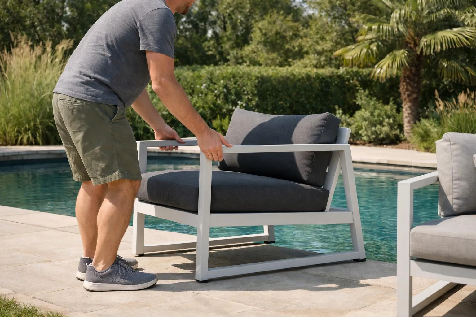 Meubles de jardin design extérieur, personne installant un fauteuil près d'une piscine