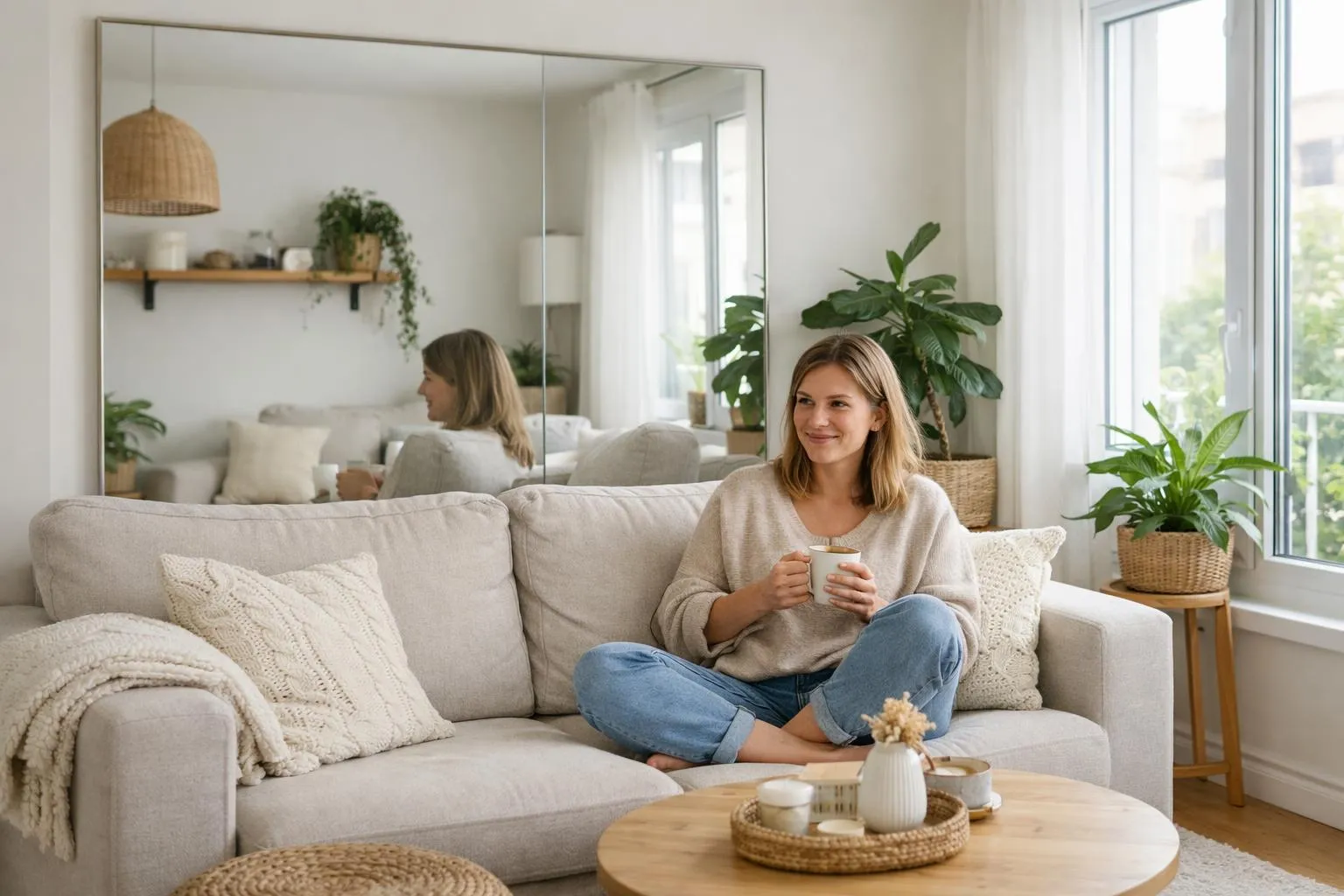 idée déco pour petit salon - femme dans un salon transformé avec miroir et couleurs claires