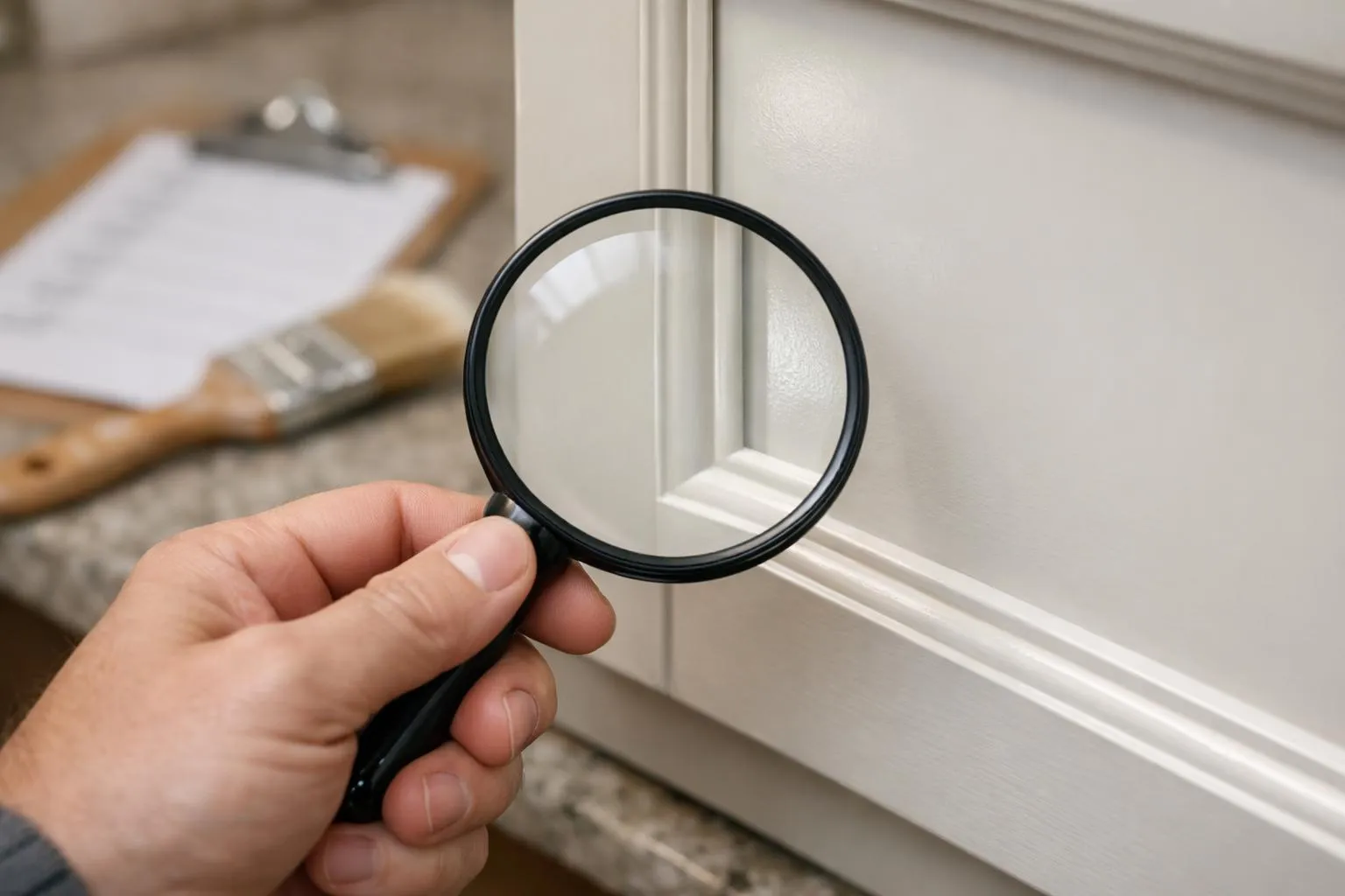 "Femme inspecte meuble cuisine peint sans poncer avec loupe, évaluation de résultat"