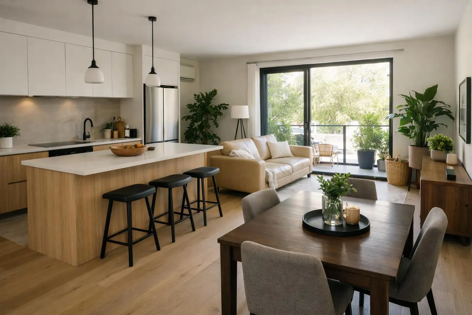 Idée déco salon cuisine ouverte 30m2 avec îlot central et canapé en cuir beige