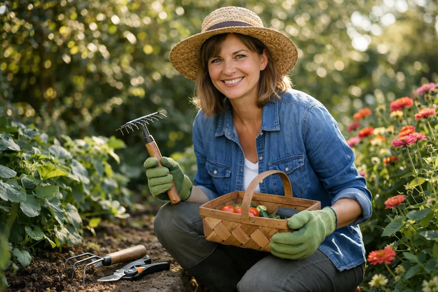 Outils de jardinage indispensables pour potager : femme jardinant avec râteau, panier et tourne-terre dans son jardin fleuri.