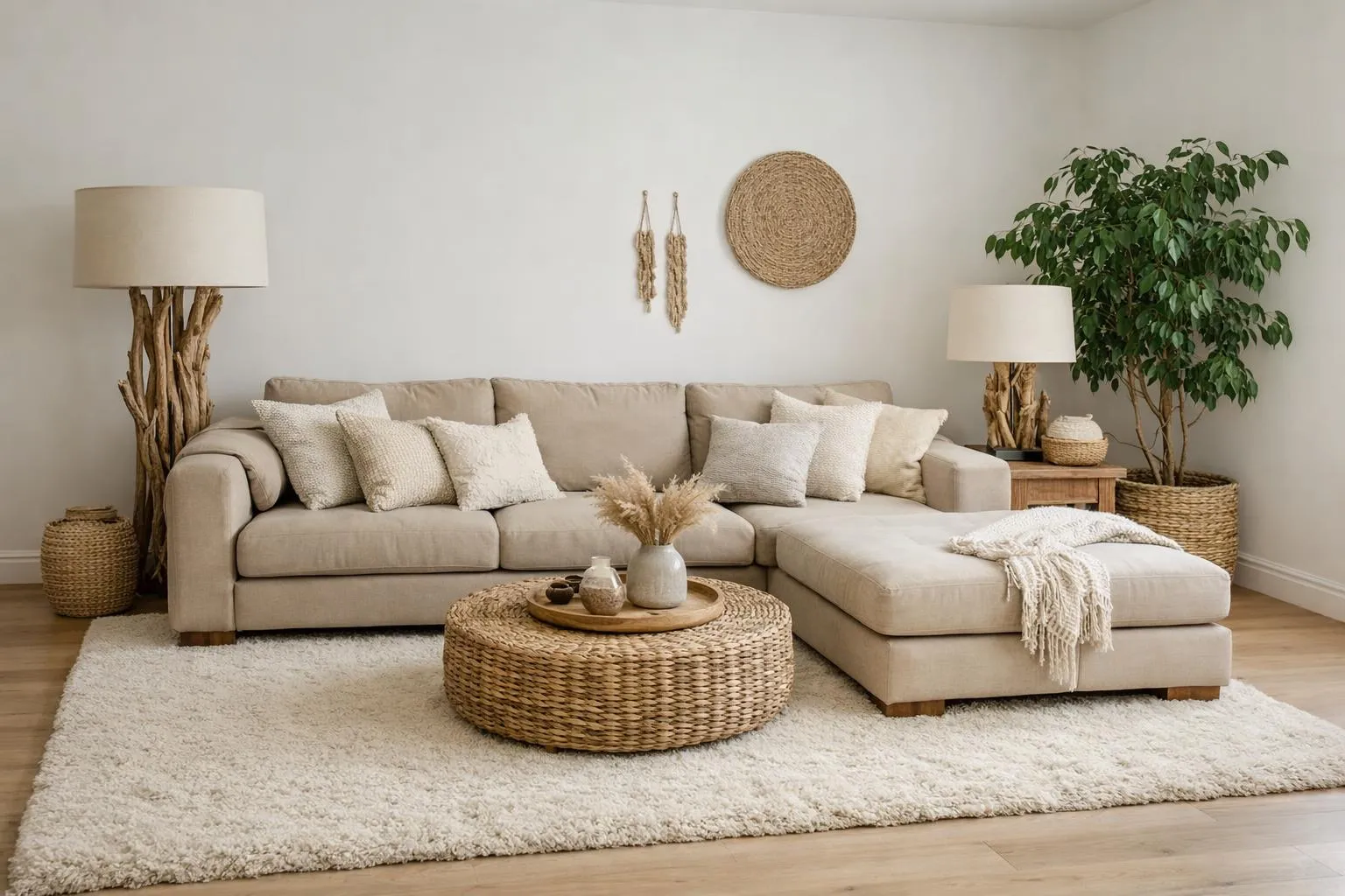 Salon confortable avec canapé beige, table basse en rotin, plantes vertes.