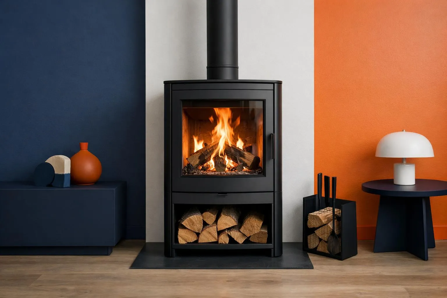 Poêle à bois moderne avec flammes vives dans un intérieur élégant.