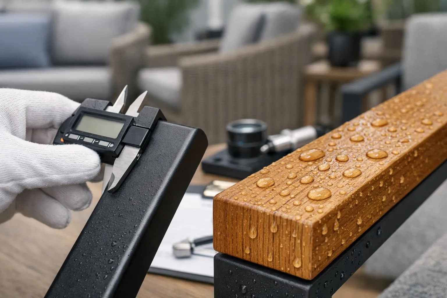 Outil de mesure numérique sur une surface en bois humide.