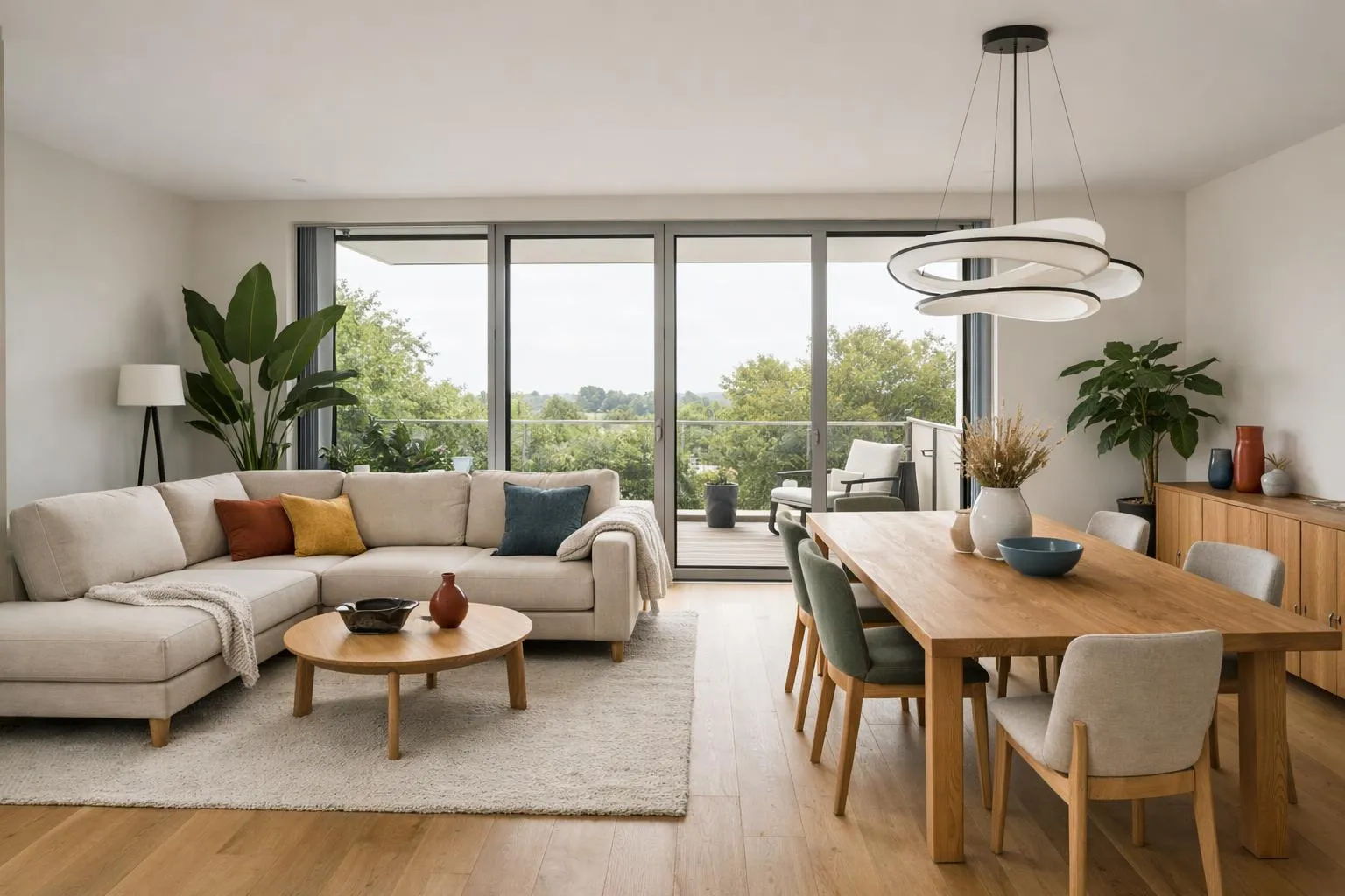 Salon et salle à manger modernes avec grandes fenêtres, meubles en bois et plantes d'intérieur.