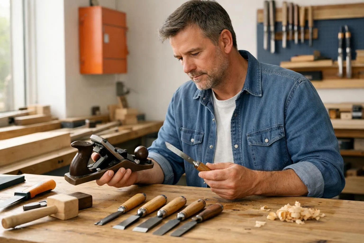 Homme barbu travaillant dans un atelier de menuiserie.