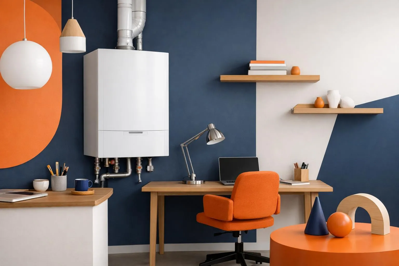 Bureau de travail moderne avec équipements et accessoires colorés.