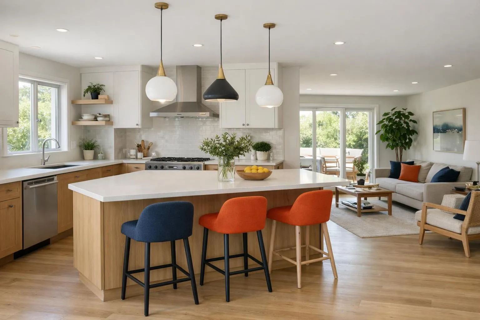 Cuisine moderne avec îlot central, luminaires dorés, chaises colorées.