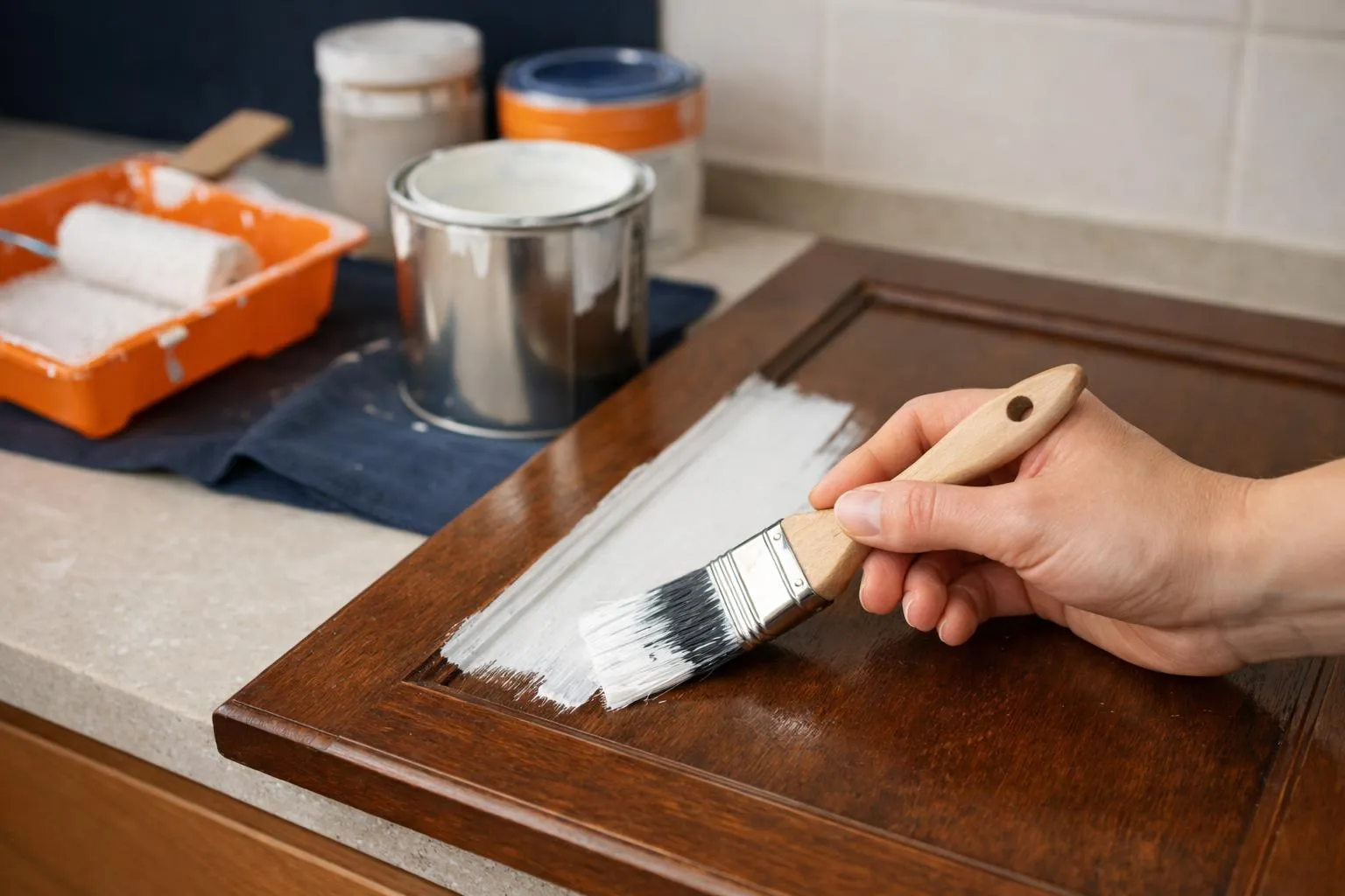 Peinture de meuble en bois avec un pinceau à la main.