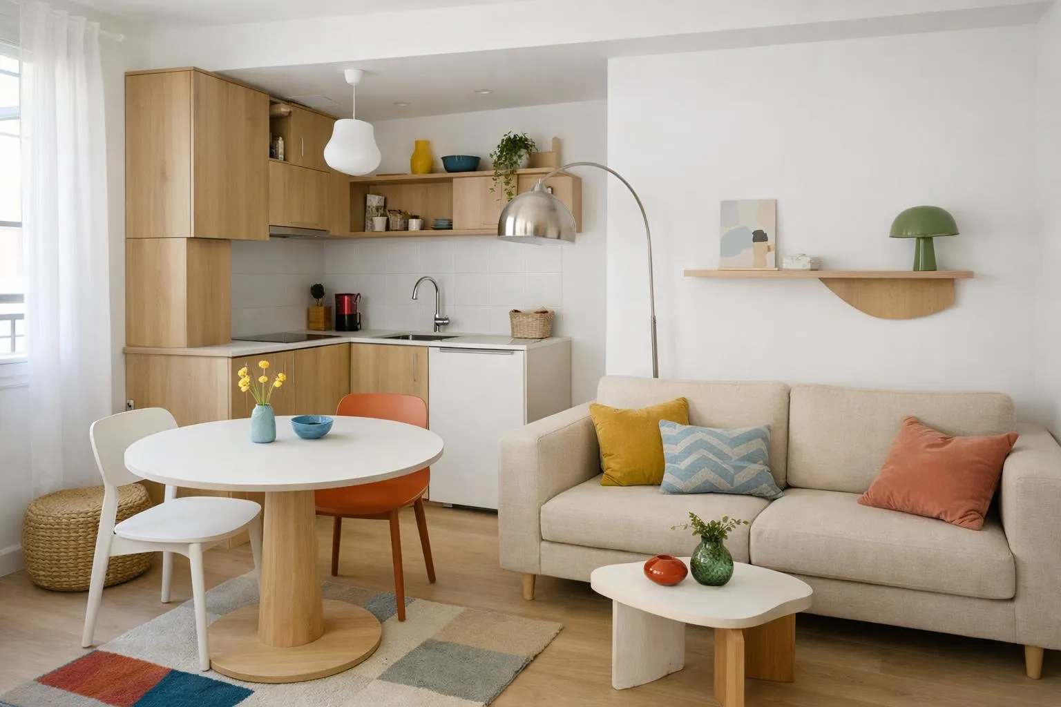 Appartement lumineux avec cuisine ouverte, salon confortable et mobilier design.