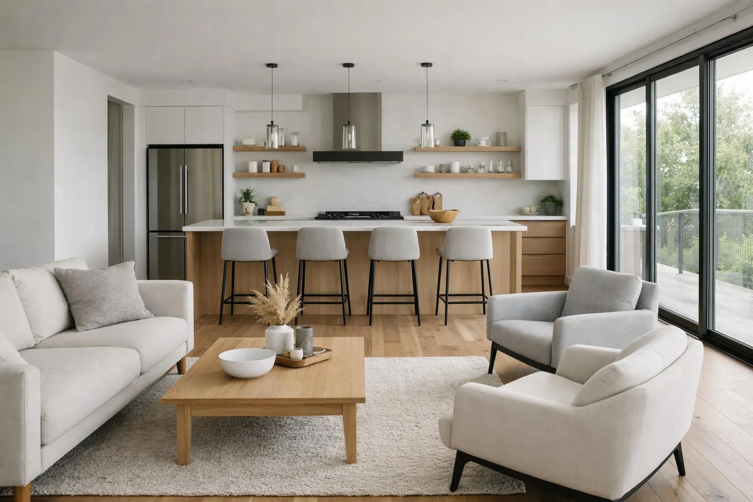 Cuisine ouverte sur salon moderne et lumineux.