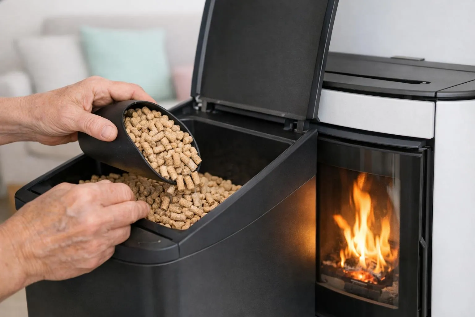 Personne remplissant un poêle à granulés de bois avec des pellets.