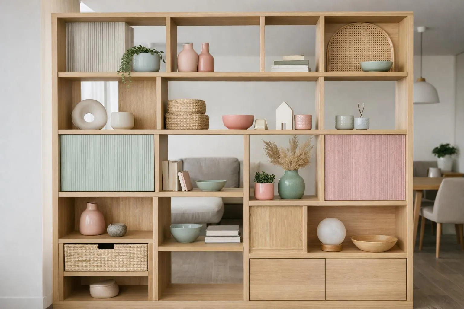 Étagères en bois avec décorations et rangements variés.