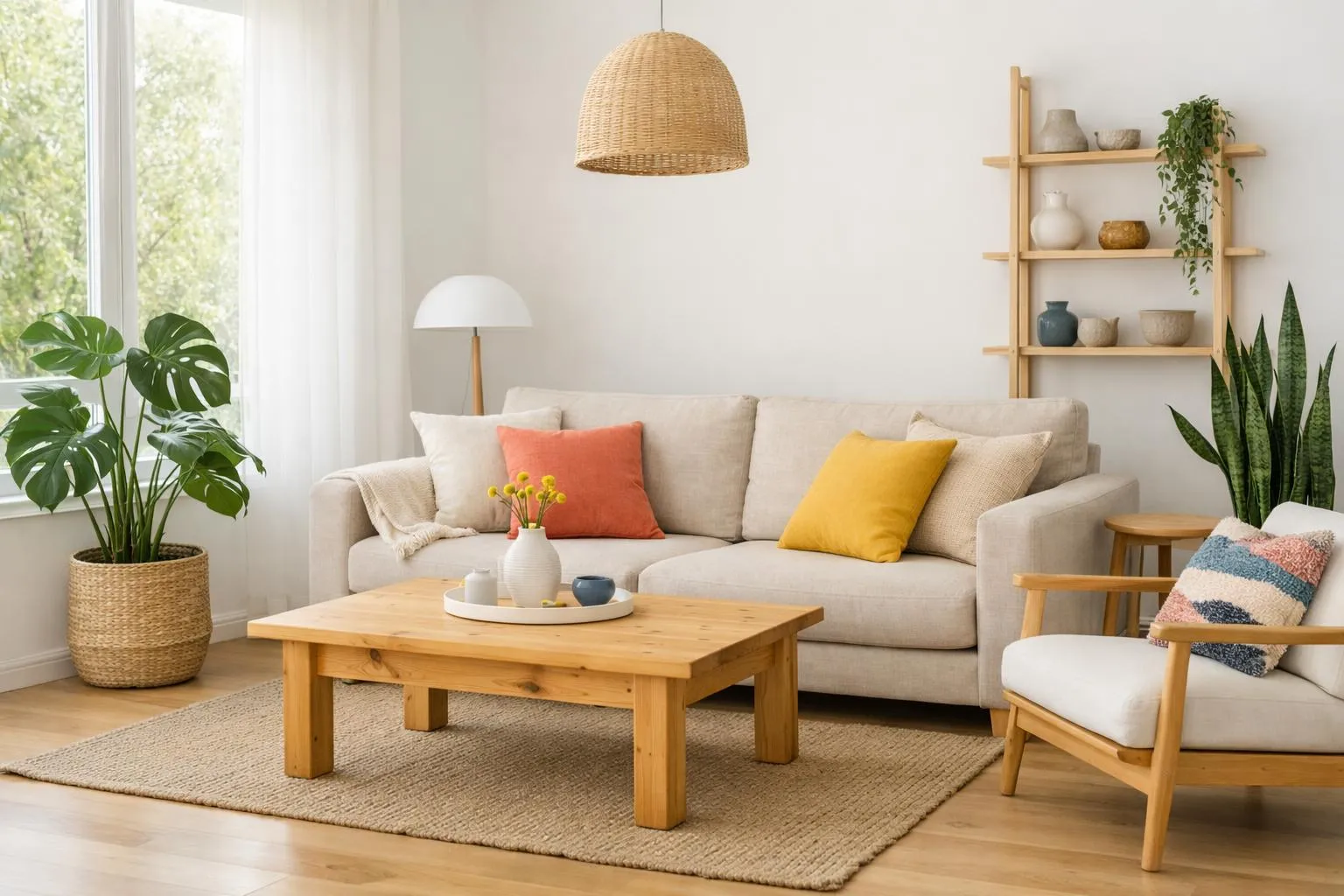 Salon lumineux avec canapé beige, table basse en bois, étagère décorative et plantes d'intérieur.