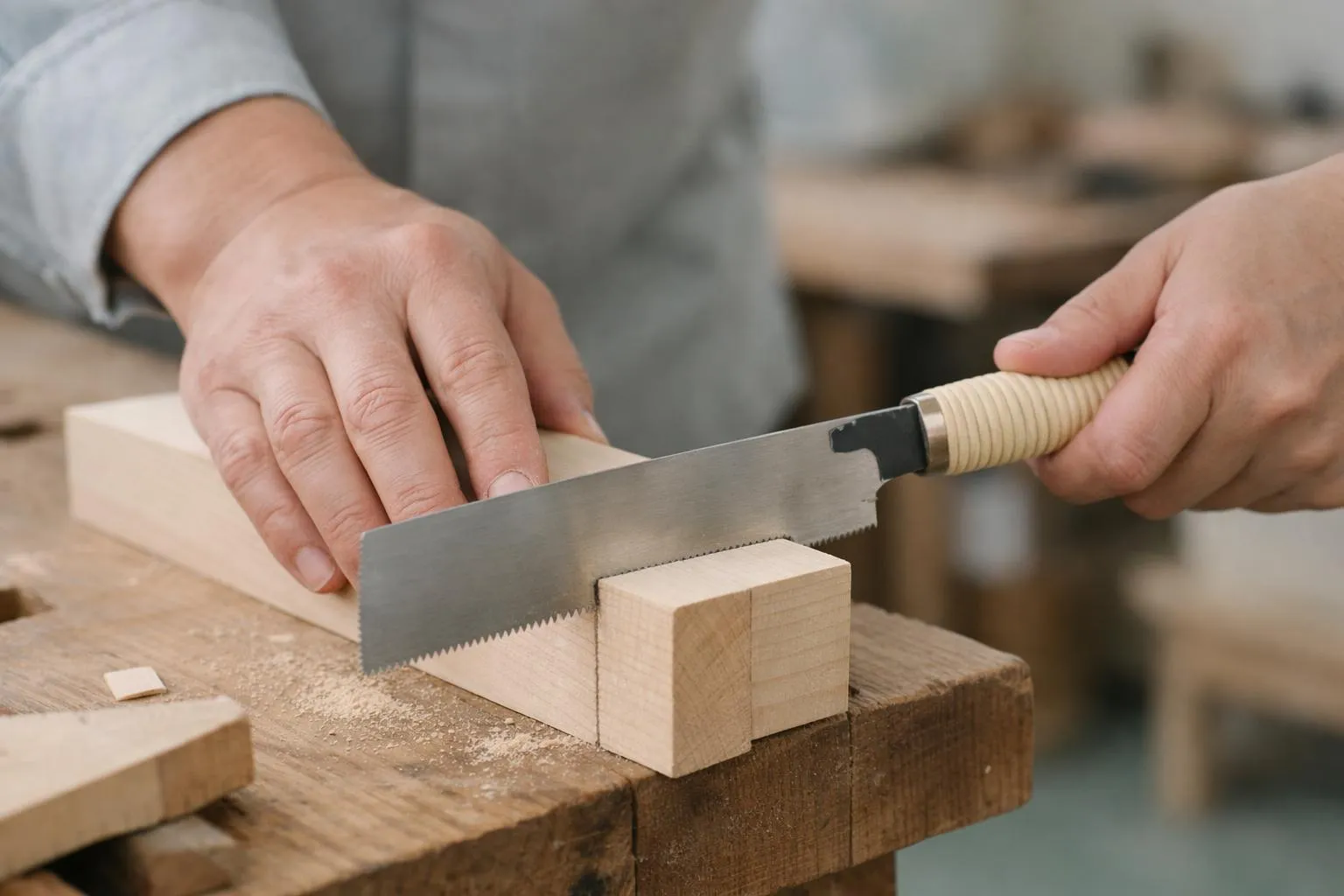 Mains d'un artisan sciant un bloc de bois sur un établi.
