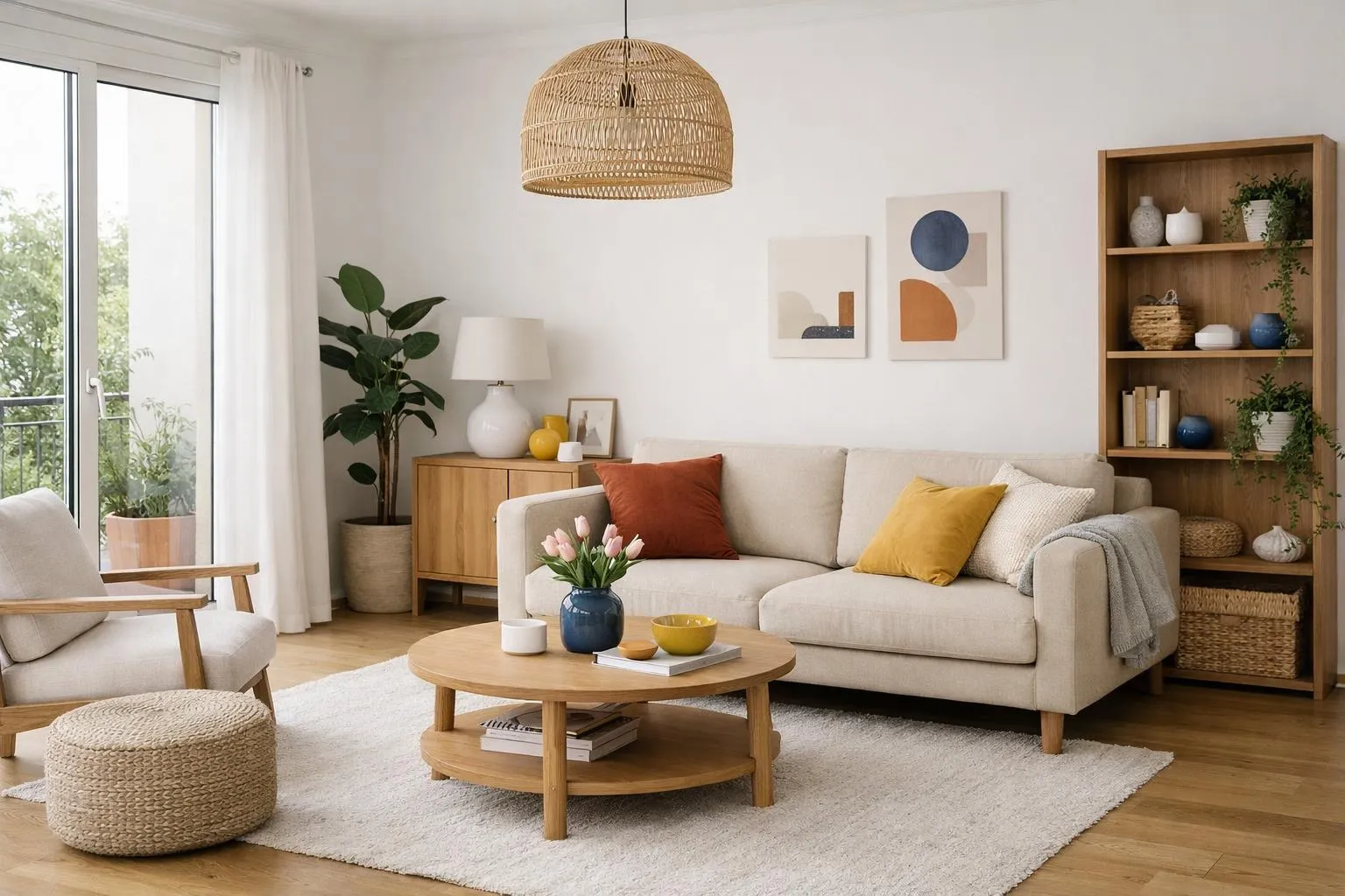 Salon lumineux avec mobilier en bois et accents colorés.