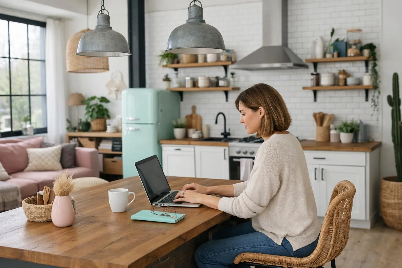 Femme travaillant sur un ordinateur portable dans une cuisine moderne et lumineuse.